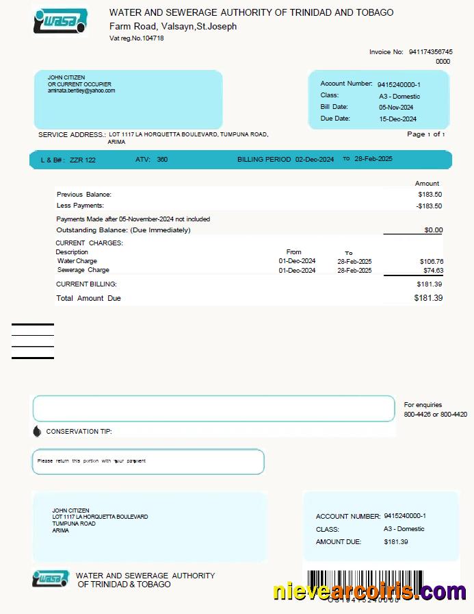 Trinidad and Tobago WASA utility bill